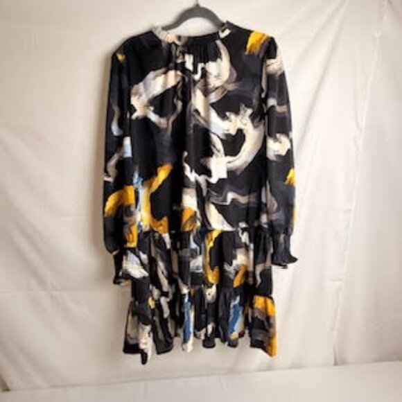 Nine West Abstract Print Long Sleeve Tiered Mini Dress Black/White/Yellow XL - Picture 2 of 9